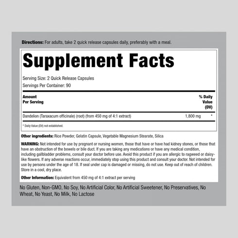 Piping Rock Dandelion Root Capsules | 1800mg | 180 Count | Herbal Supplement | Concentrated Extract | Gluten Free, Non-GMO
