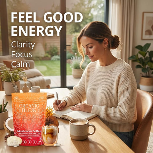 Organic Bless 30 Instant Mushroom Coffee Powder Organic Lions Mane, Reishi & Cordyceps Blend for Energy, Focus