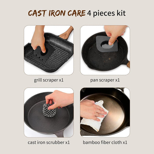 Herda 4 Pieces Cast Iron Scrubber Tool Kit, Chain Mail Scrubber, Steel Skillet Brush, Plastic Pan Scraper Set