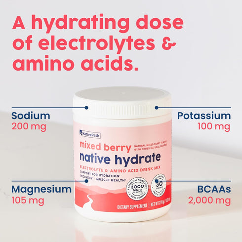 NativePath Native Hydrate Electrolytes Powder with BCAAs, Zero Sugar, Mixed Berry Hydration Powder, Keto & Paleo