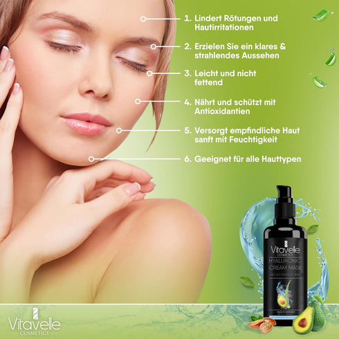 Hydrating Face Mask – Hyaluronic Acid Moisturizer with Avocado Oil, Shea Butter, Aloe Vera, Vegan, Anti Aging