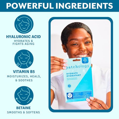 Patchology Hydrating Face Mask with Hyaluronic Acid - Moisturizing Sheet Masks for Men & Women, 2 Count