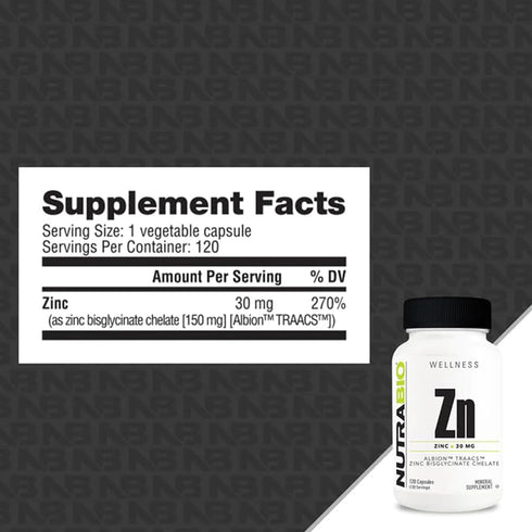 Immune 30mg 120 NutraBio Zinc Chelate Mineral Supplement - for Proper Growth, Development, and Health - of Zinc per