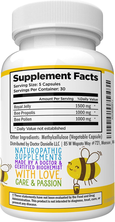 Dr. Danielle's Bee Wise - Bee Pollen Supplement with Royal Jelly, Propolis, 4 Daily Capsules