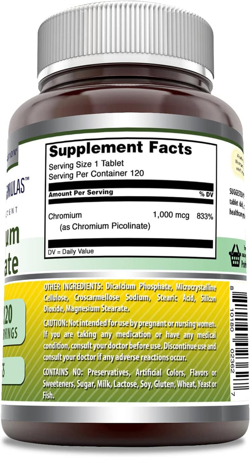 Amazing Formulas Chromium Picolinate 1000 Mcg Tablets | 120 Count, Non-GMO, Gluten Free, Made in USA