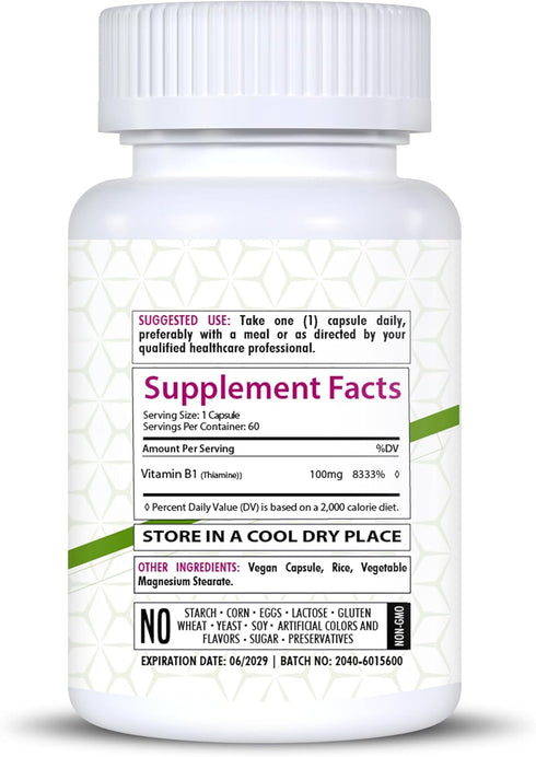 Vitamin B1 100mg | 60 Capsules | Thiamine Supplement | Supports Overall Health | Non-GMO | Gluten Free (60 Capsules)