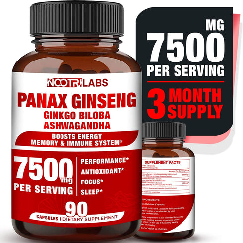 Korean Red Panax Ginseng 7500mg with Ginkgo Biloba & Ashwagandha - Energy, Memory & Immune Support Supplement - 90