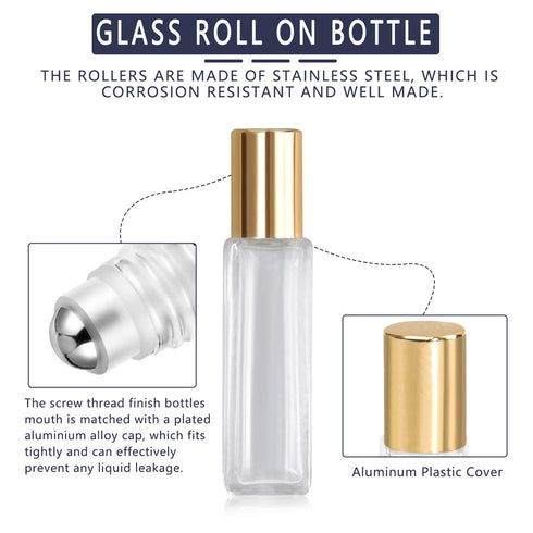 wifreo 4 Pack Square Refillable Thick Glass Roller Bottles, 1/3oz 10ml Perfume Essential Oil