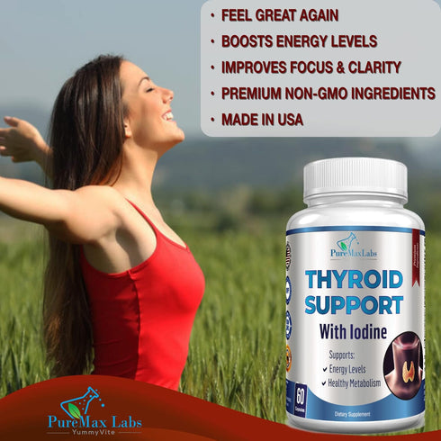 Thyroid Support with Iodine - Metabolism & Energy Booster, Increase Focus - Premium Non-GMO Thyroid Supplement (60