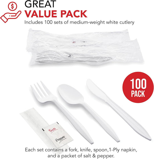 Party Essentials Individually Wrapped Plastic Cutlery Packets/Silverware Kits, White Fork/Spoon/Knife/Napkin/Salt/Pepper, 100 Sets by Party Essentials