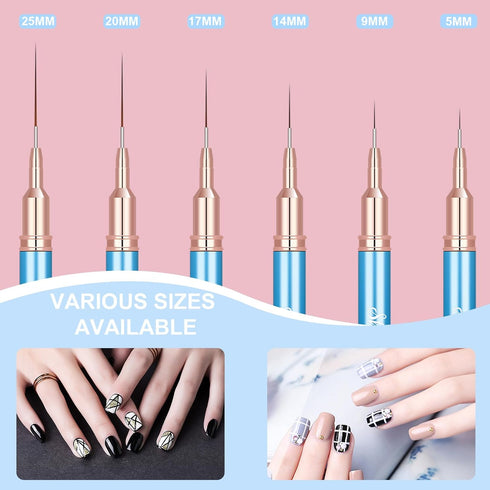 Shince Chance 6Pcs Nail Art Liner Brushes Set, Blue Fine Drawing Brush Pens for Gel Polish and Acrylic Nail Art