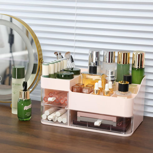 Makeup Organizer, Cosmetic Case with Clear 3 Drawers for Bathroom and Dresser, Pink Display Case for Brushes