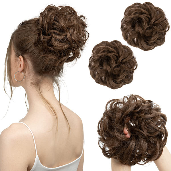 SARLA 2PCS Messy Hair Bun Pieces Wavy Curly Synthetic Updo Scrunchies Ponytail Extension (Medium Brown)