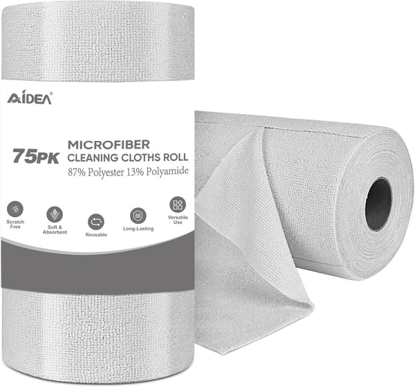 AIDEA Grey Microfiber Cleaning Cloth Roll | 75PK | Reusable Paper Towels, Washable Shop Rags