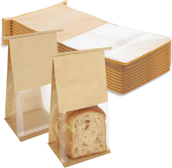 PercyEffie 100Pcs Bakery Bags with Window,Tin Tie Tab Lock Bread Cookie Bags Bags