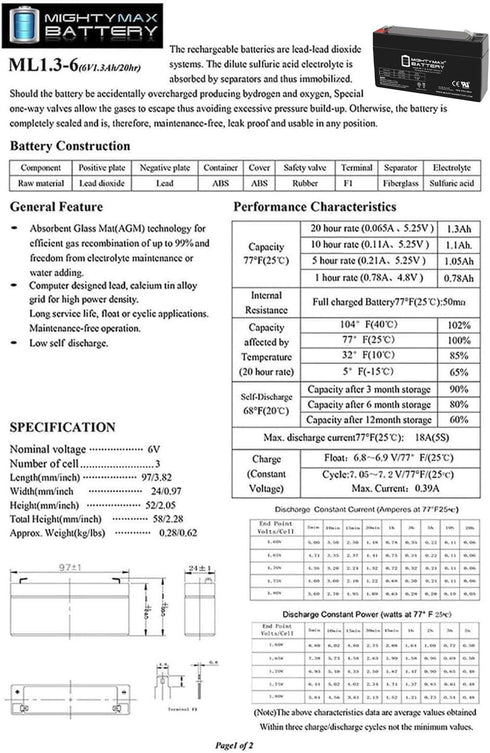 Mighty Max Battery 6V 1.3AH Back-up Battery for GE Simon XT Panel 60-914