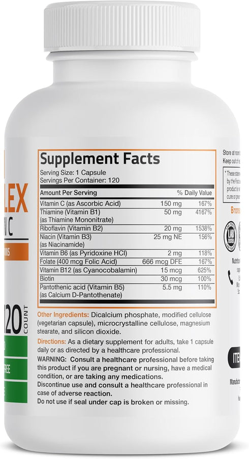 Immune 120 Bronson Vitamin B Complex with Vitamin C - Health, Energy Support & Nervous System Support - Non-GMO