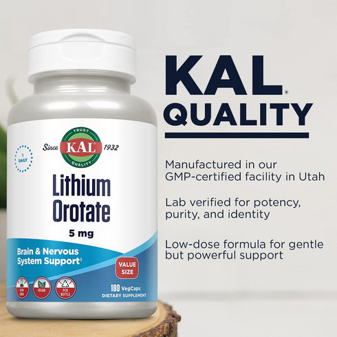 KAL Lithium Orotate 5mg - Low Dose Lithium Supplement for Brain and Mood Support, 180 VegCaps