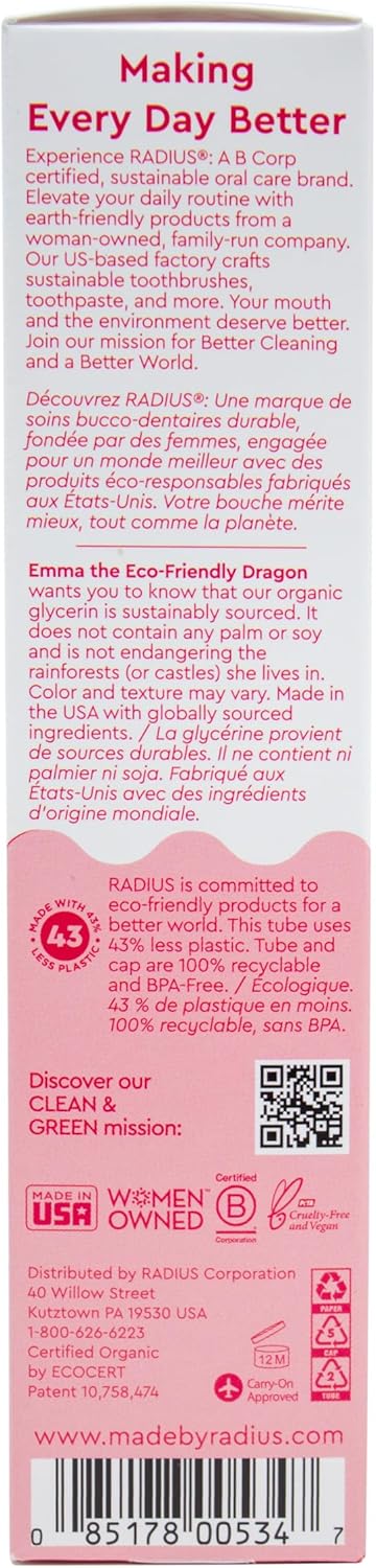 RADIUS USDA Organic Kids Toothpaste 3oz Non Toxic Gluten-Free for Children's Gum Health - Dragon Fruit - Pack of 3