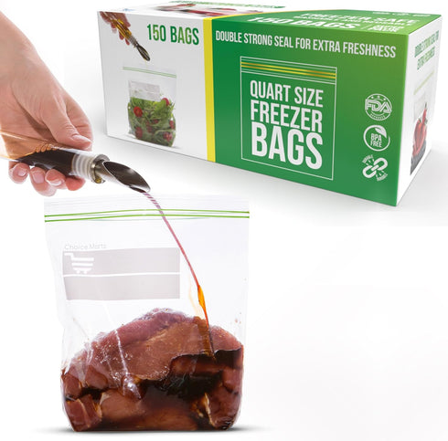 150 Count Quart Size Freezer Bags, Resealable Extra Strong Leak Proof Bags with Double Zipper for Food Storage
