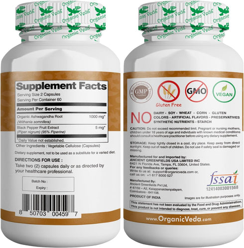 Organic Veda Ashwagandha Supplements, 1500mg, 120 Veggie Capsules with Black Pepper Extract