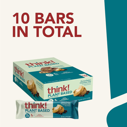 think! Vegan High Protein Bars, Peanut Butter Chocolate Chip, 13g Protein, 10 Count, Non-GMO, No Artificial Sweeteners