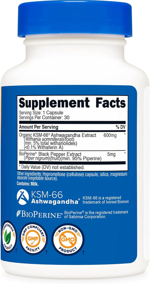 KSM-66 600mg, 30 5% Nutricost Ashwagandha Root Extract Veggie Caps - Withanolides - with BioPerine - Full-Spectrum Root