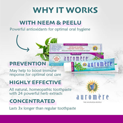 Auromere Ayurvedic Herbal Toothpaste, Mint Free - Vegan, Natural, Non GMO, Fluoride Free, Gluten Free, with Neem &