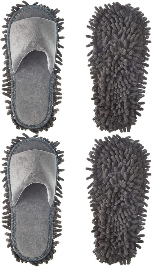 2 Pairs Microfiber Cleaning Mop Slippers, Washable Unisex Dusting Slippers for Floor Cleaning (Gray, Large)