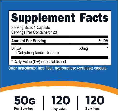 Nutricost DHEA 50mg, 120 Capsules - Gluten Free, Soy Free, Non-GMO, Supplement