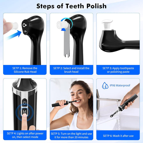 HapyLark 6 5 IPX6 Electric Tooth Polisher, Rechargeable Teeth Cleaning Kit with Cleaning Heads, Speed Modes, LED Light