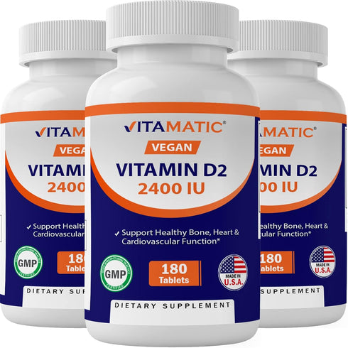 Vitamatic Vitamin D2 60 mcg (2400 IU) - Ergocalciferol, 180 Vegetarian Tablets (Pack of 1) (3 Bottles)