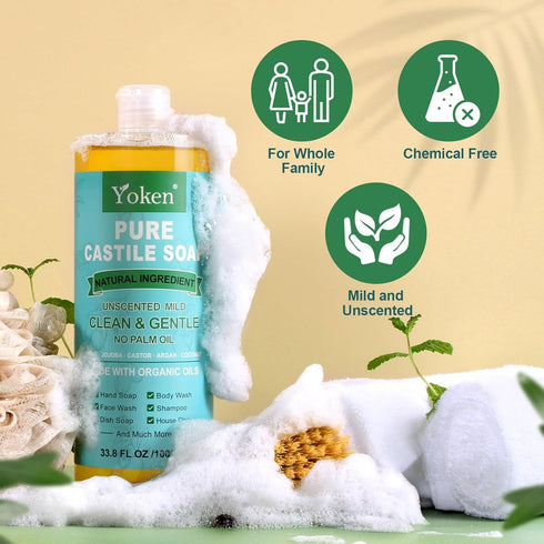 Yoken Pure Castile Soap Liquid, Unscented, 67 fl oz, Organic Oil, Vegan, Natural Multi-purpose Soap