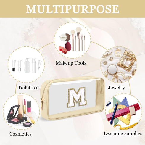 Small Clear Personalized Initial Makeup Bag, Nylon Preppy A-Z Chenille Letter Patch Cosmetic Pouch (Beige-White M)