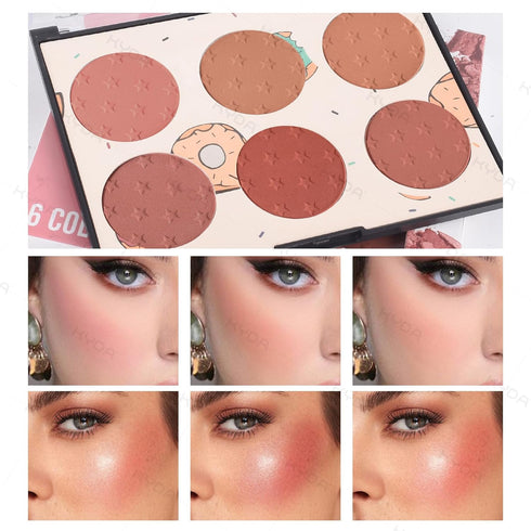 KYDA 6 Colors Blush Palette, Matte and Shimmer Blush Palette, Smooth Blendable Powder, Multiuse Blusher Makeup with