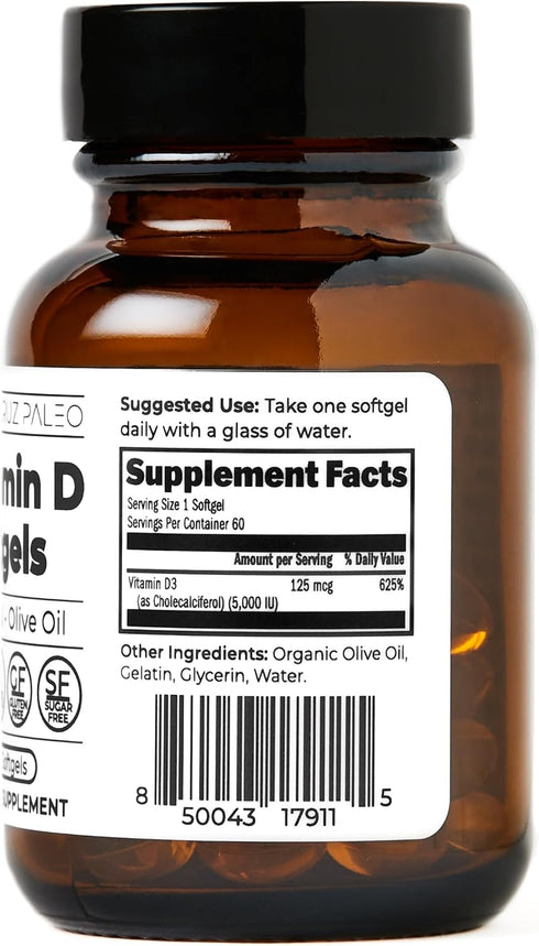 Santa Cruz Paleo Vitamin D Supplement - 5000 i.u. Per Softgel, 60 Softgels, Gluten Free, Immune Support