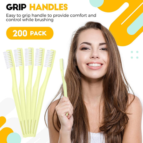 CHENGU 200 Pack Individually Wrapped Disposable Toothbrush Bulk, Single Use Travel Toothbrushes for Adults (Yellow)