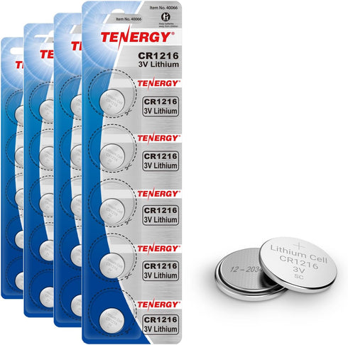 Tenergy CR1216 3V Lithium Button Cell Battery, 20 Pack for Watches, Mini LED Lights, Forehead Thermometers