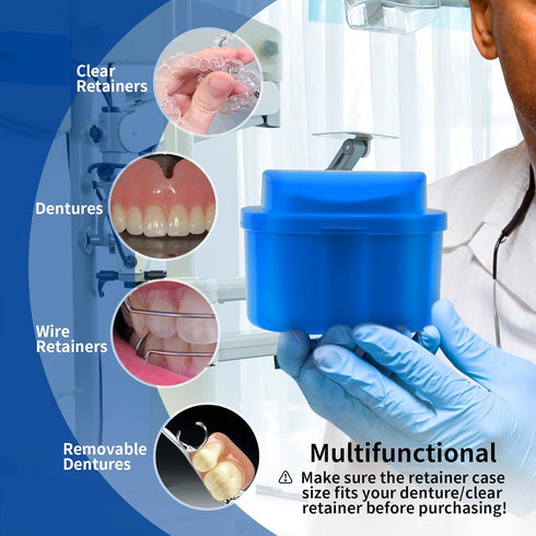 Denture Cup Dental Retainer Case - Dark Blue Cleaning Holder with Strainer Basket for Mouthguard Storage