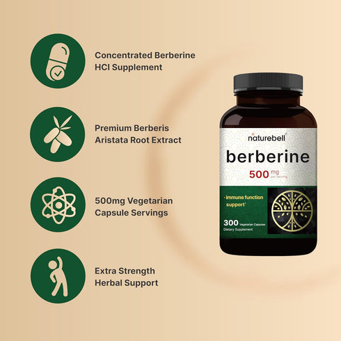NatureBell 500mg Berberine Supplement | 300 Veggie Capsules, 97% Pure Berberine HCL – Vegan, Non-GMO, Plant Based