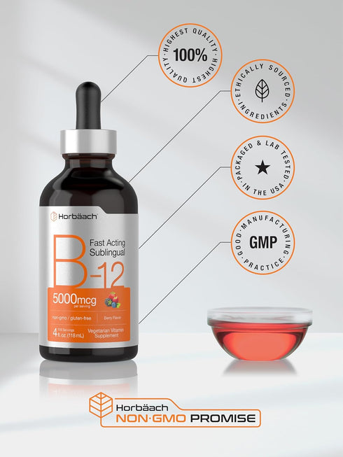 Horbaach B-12, 5000mcg, 4oz, Berry Flavor Fast-Acting Sublingual Liquid Vitamin B12, Vegetarian & Non-GMO