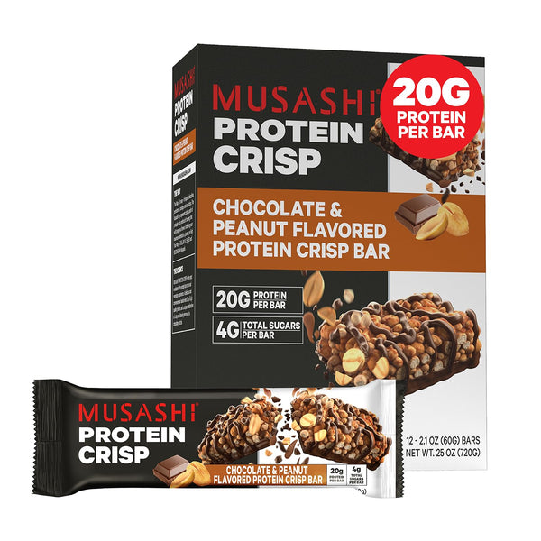 MUSASHI Protein Crisp Bar - 20g Protein, 4g Total Sugars, Chocolate & Peanut, 12 Pack of 2.1oz Bars