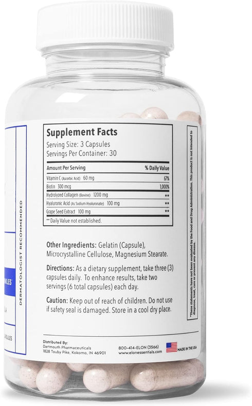Elon Skin Anew with Hydrolyzed Collagen & Hyaluronic Acid - Antioxidants for Hydrating & Anti Aging Skin Health (90