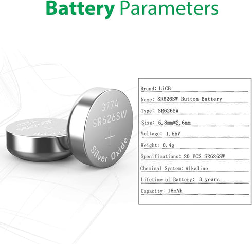 LiCB 20 Pack SR626SW 377 626 Watch Battery 1.5V Button Cell Batteries