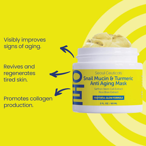 SeoulCeuticals Korean Face Mask - Snail Mucin Turmeric Mask for Anti Aging - Cruelty Free K Beauty for Healthy Glow, 2oz