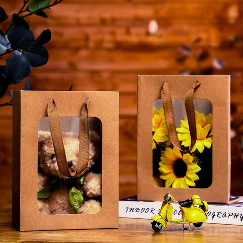 Yexiya 15 Pcs Kraft Paper Gift Bags with Clear Window, 7 x 5 x 10 Inch Transparent Flower Bouquet Bags for Festivals