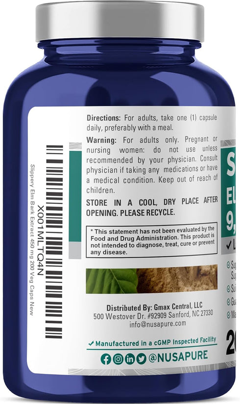 NusaPure Slippery Elm Bark 20:1 Extract - 450 mg Equivalent to 9,000mg, 200 Veggie Capsules (Non-GMO, Vegan)