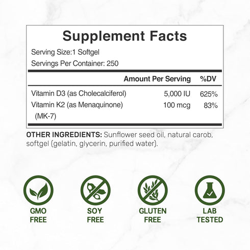 DEAL SUPPLEMENT Vitamin D3 5,000 IU + K2 MK7 Softgels, 250 Count, 2-in-1 Complex for Heart, Bone, Teeth & Immune Health