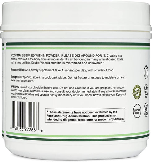 Creatine Monohydrate Powder - 1.1lbs (100 Servings of 5 Grams Each) by Double Wood (Micronized Creatine)