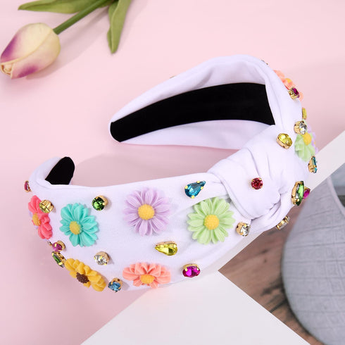 NVENF Flower Headbands for Women, Spring Summer Floral Knotted Headband with Crystal Rhinestones
